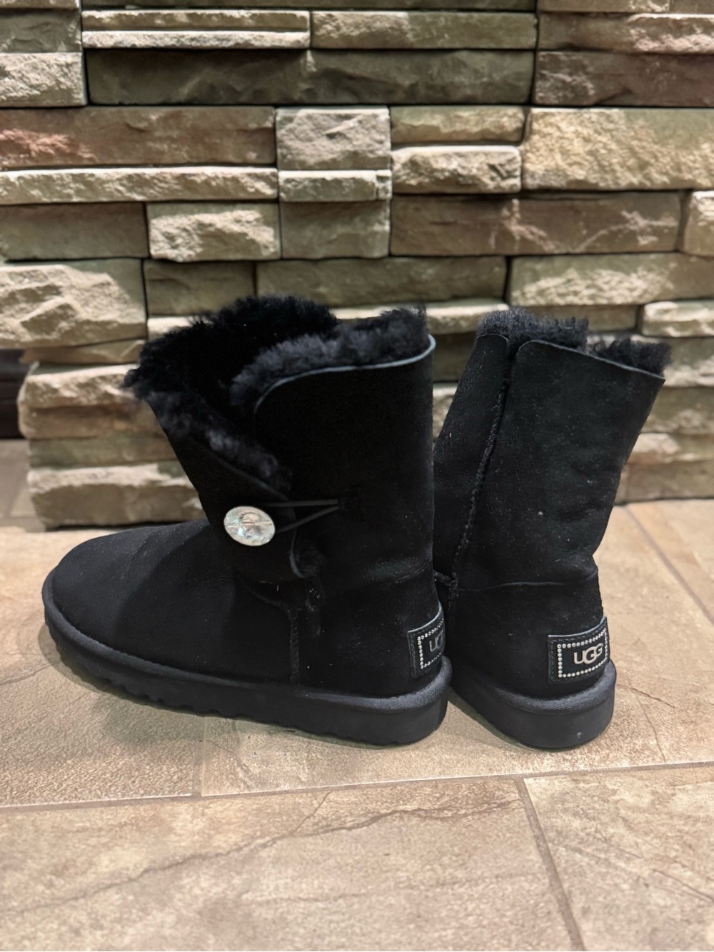 UGG Black Short Suede Button Boot with Shearling Cuff
